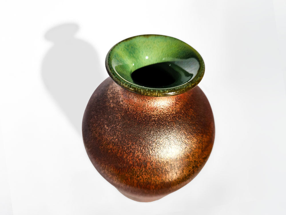 Medium-Sized Handmade Porcelain Vase, Green Interior & Copper Exterior - 6.5"