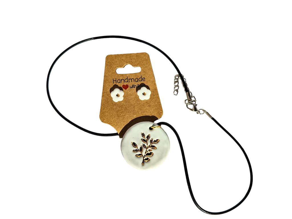 Gold Foliage Porcelain Pendant & Button Flower Earings