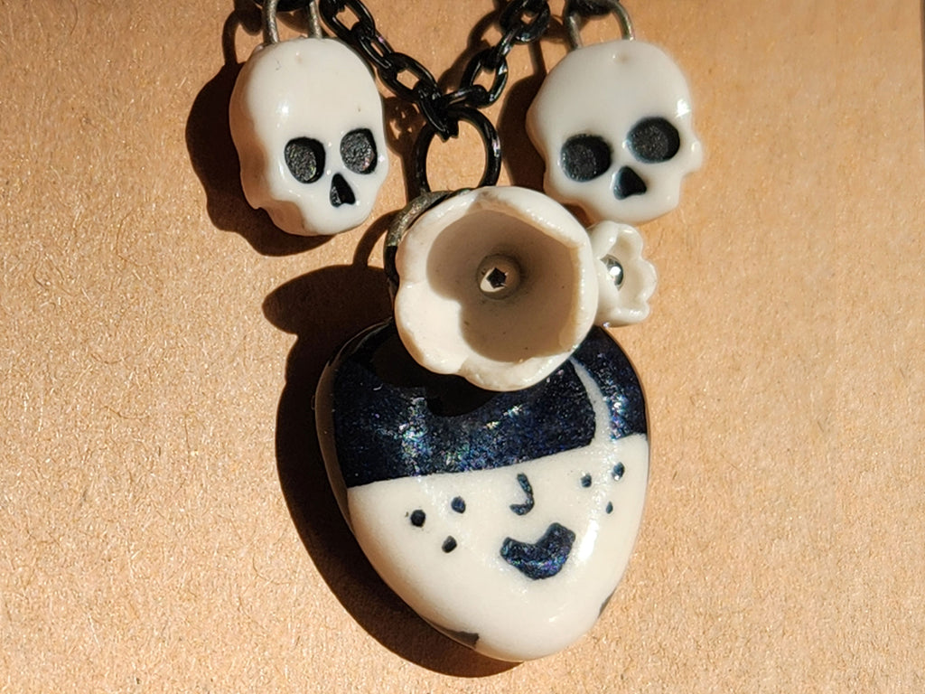 "Odessa" Gothic Charm Necklace - flowers and skulls, 20" black chain