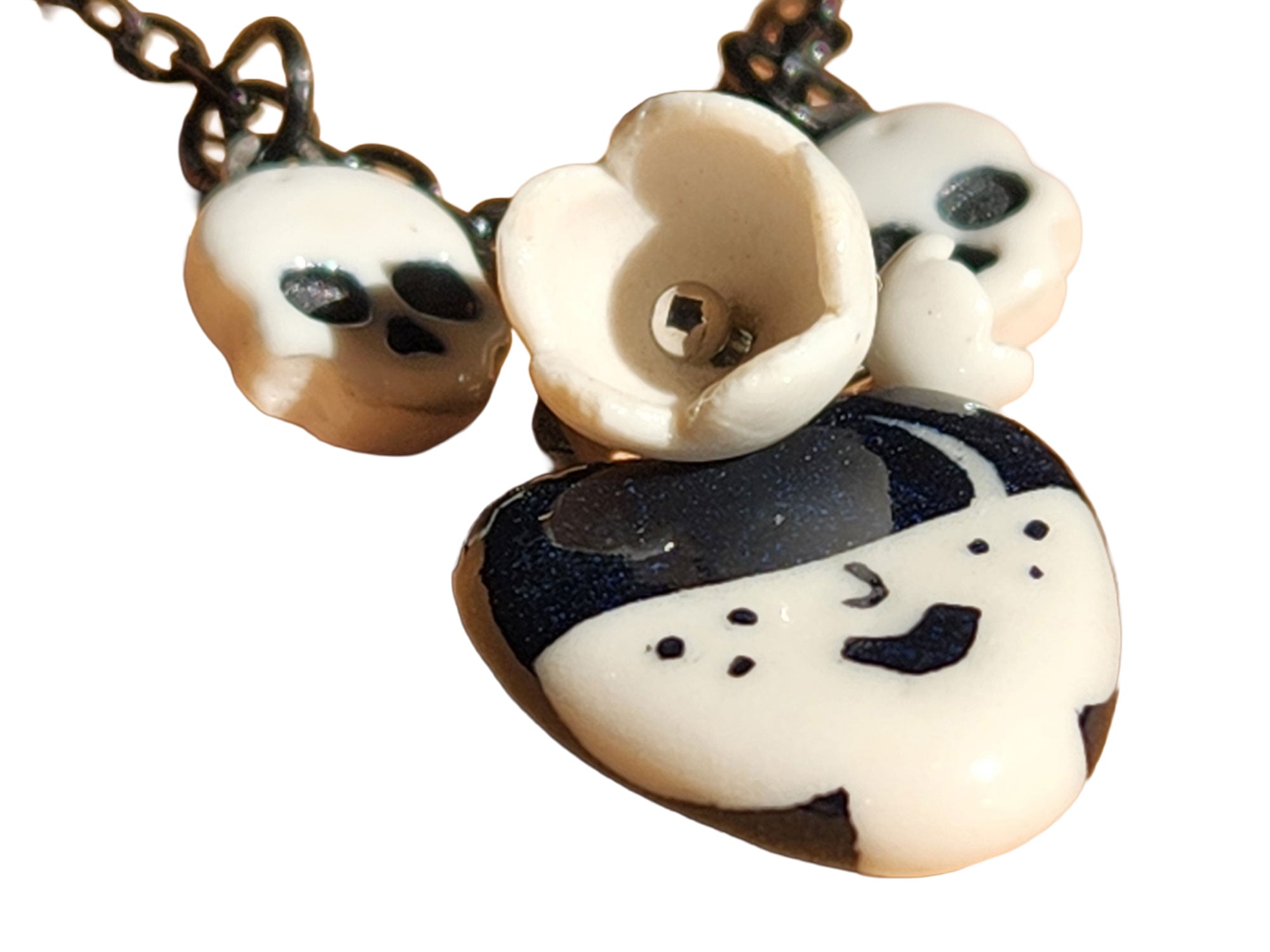 "Odessa" Gothic Charm Necklace - flowers and skulls, 20" black chain