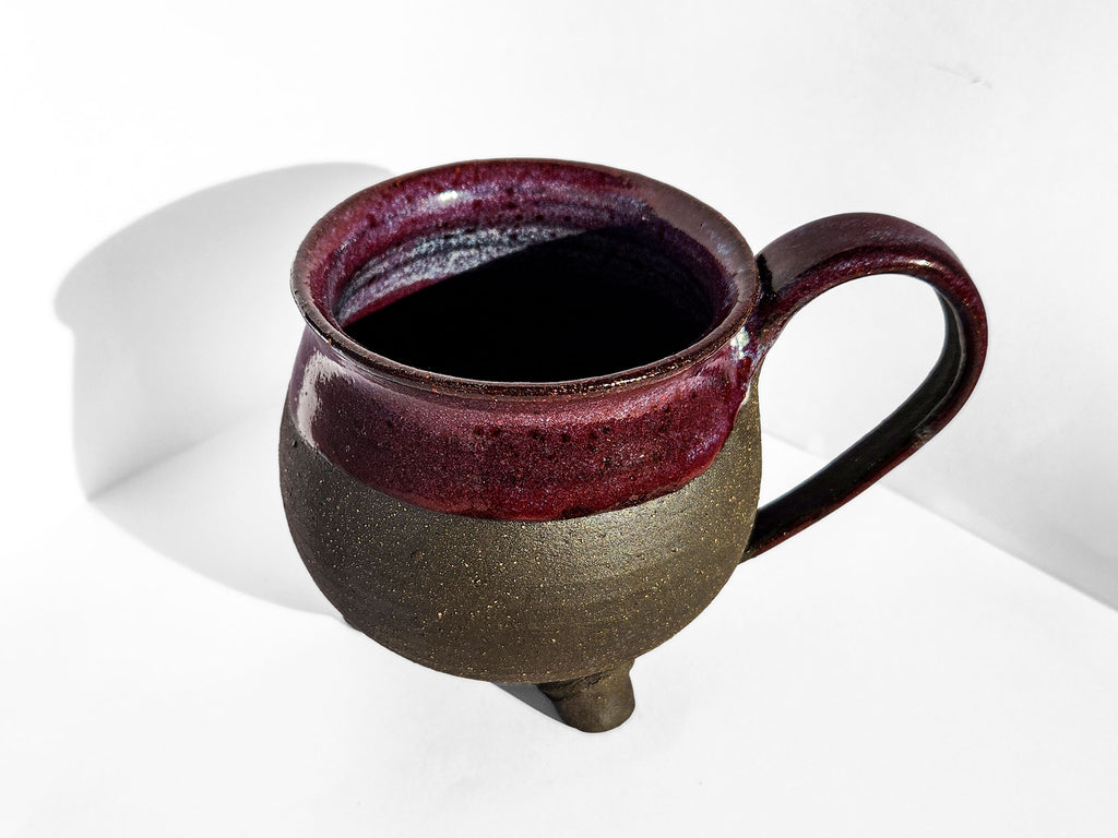 Handmade Rich Purple Interior, Black Stoneware Cauldron Mug 3.5"