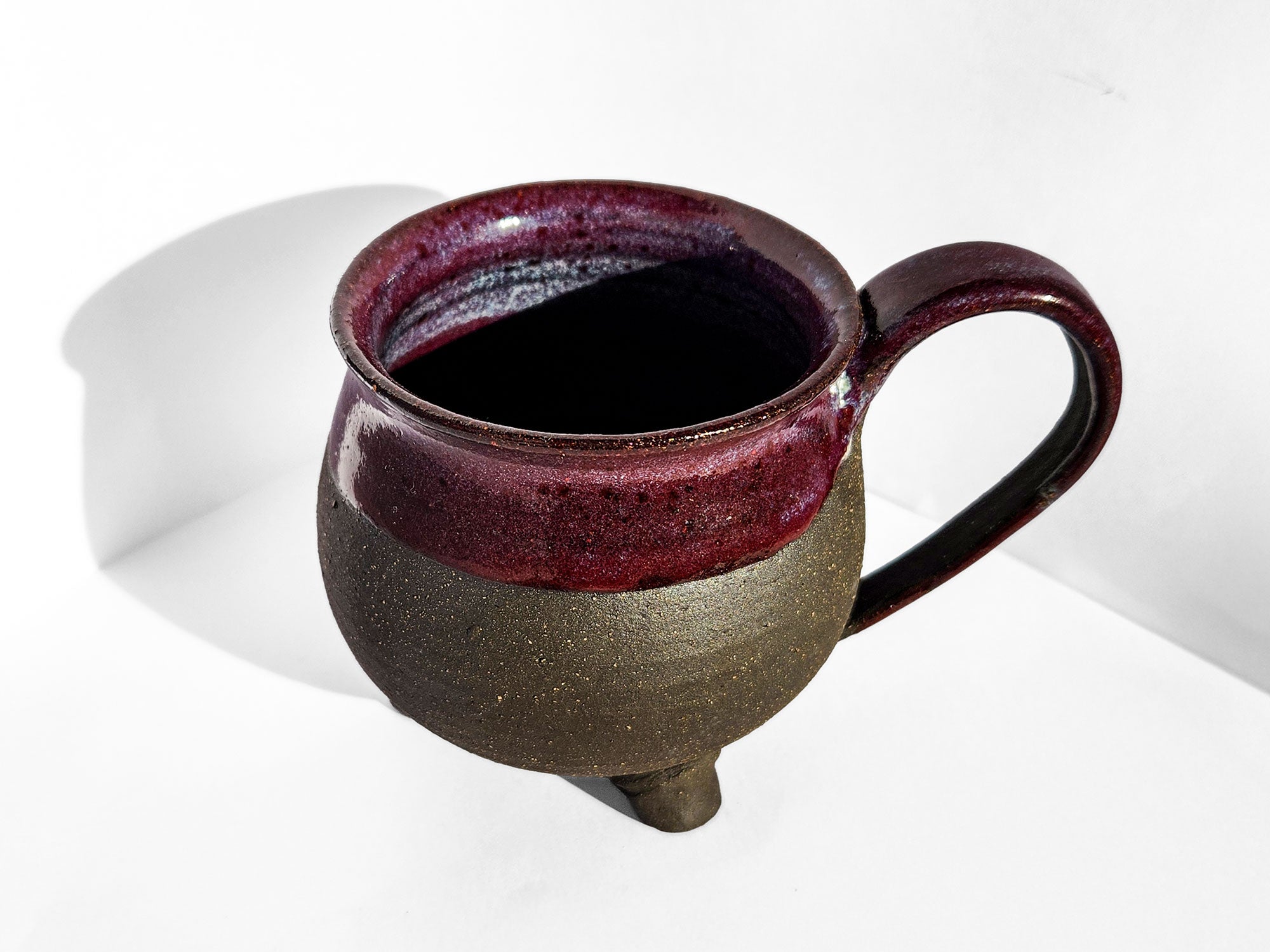 Handmade Rich Purple Interior, Black Stoneware Cauldron Mug 3.5"