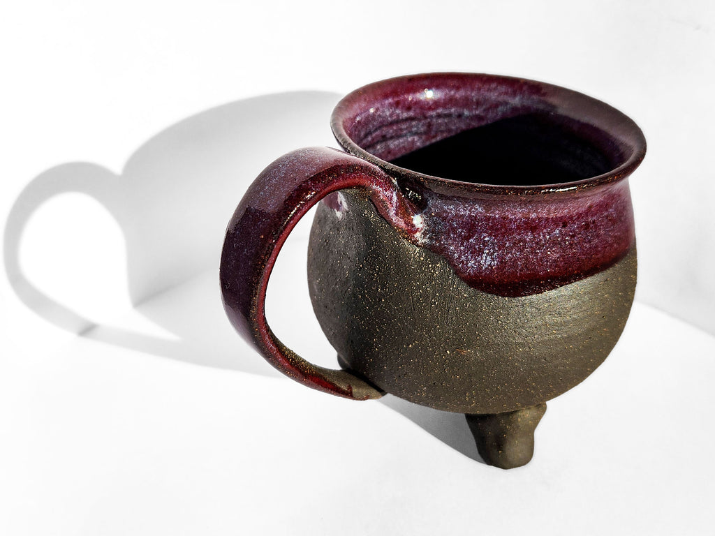 Handmade Rich Purple Interior, Black Stoneware Cauldron Mug 3.5"