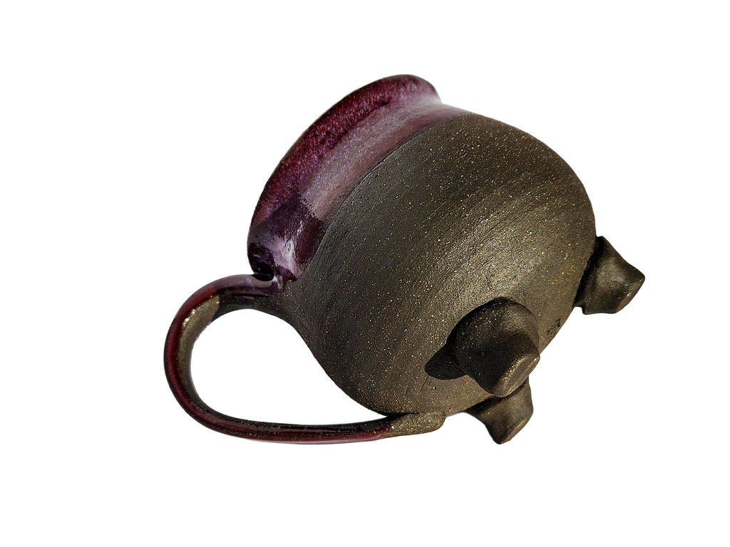 Handmade Rich Purple Interior, Black Stoneware Cauldron Mug 3.5"