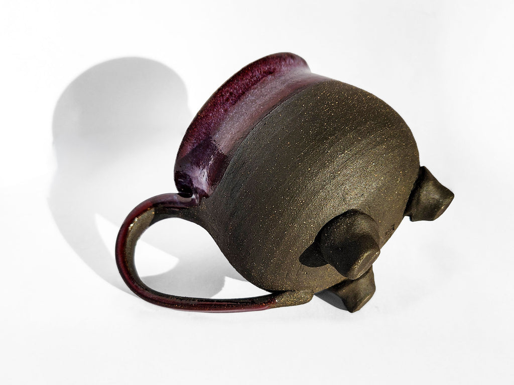 Handmade Rich Purple Interior, Black Stoneware Cauldron Mug 3.5"
