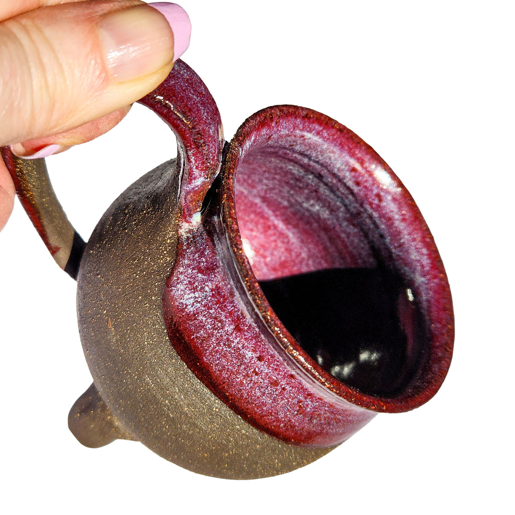 Handmade Rich Purple Interior, Black Stoneware Cauldron Mug 3.5"