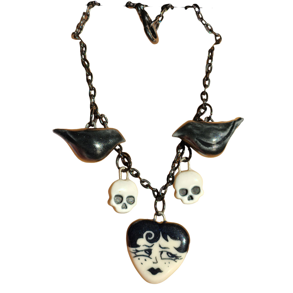 "Juniper" Gothic Charm Necklace - crows and skulls, 20" black chain