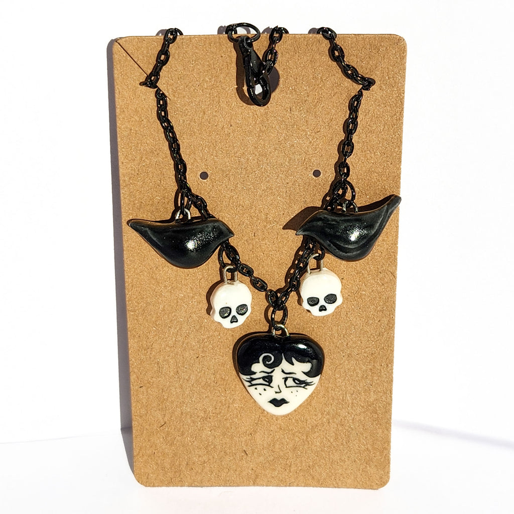 "Juniper" Gothic Charm Necklace - crows and skulls, 20" black chain