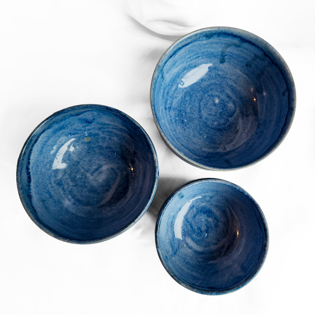 Nested Bowl Set - Three-piece set of blue-glazed dessert bowls