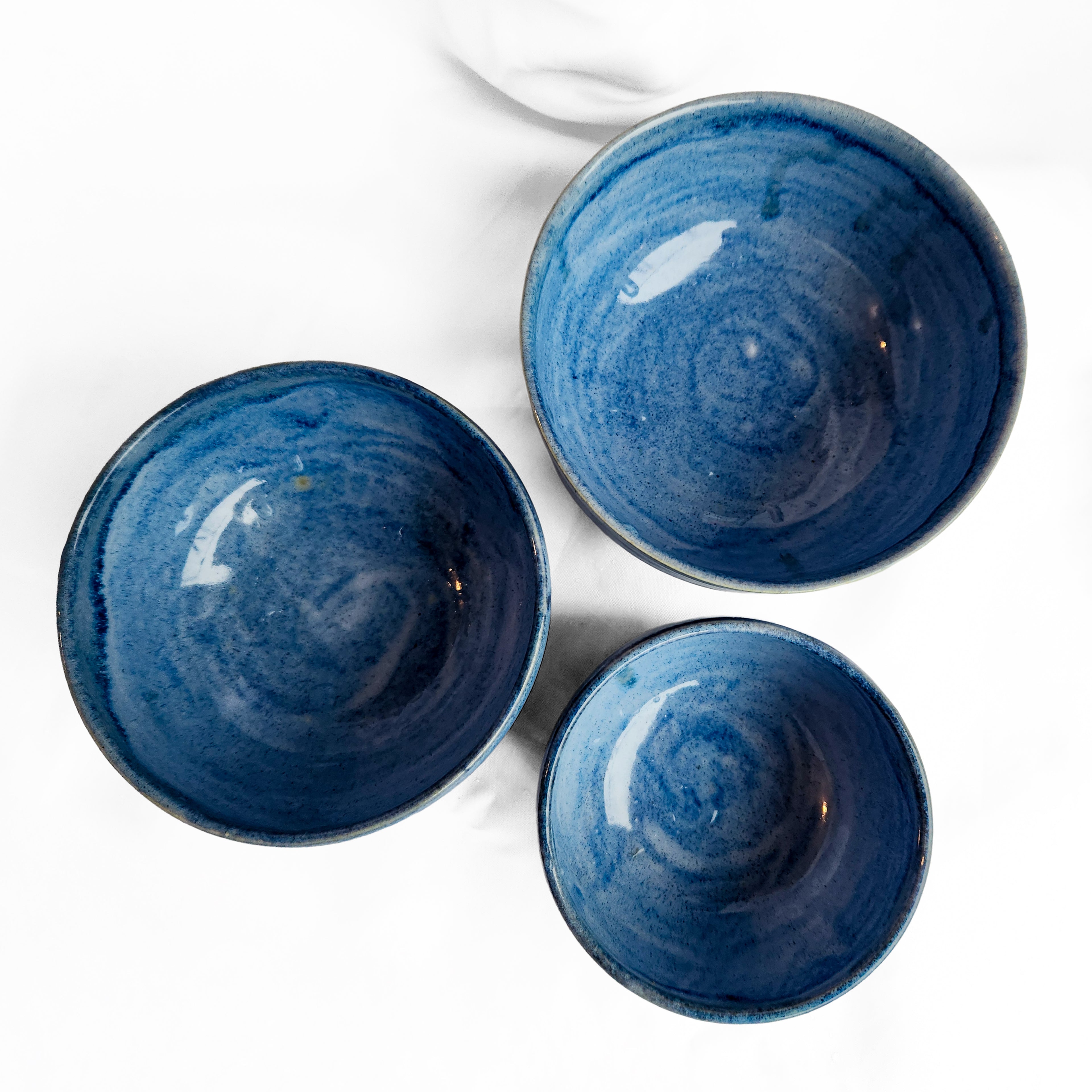 Nested Bowl Set - Three-piece set of blue-glazed dessert bowls