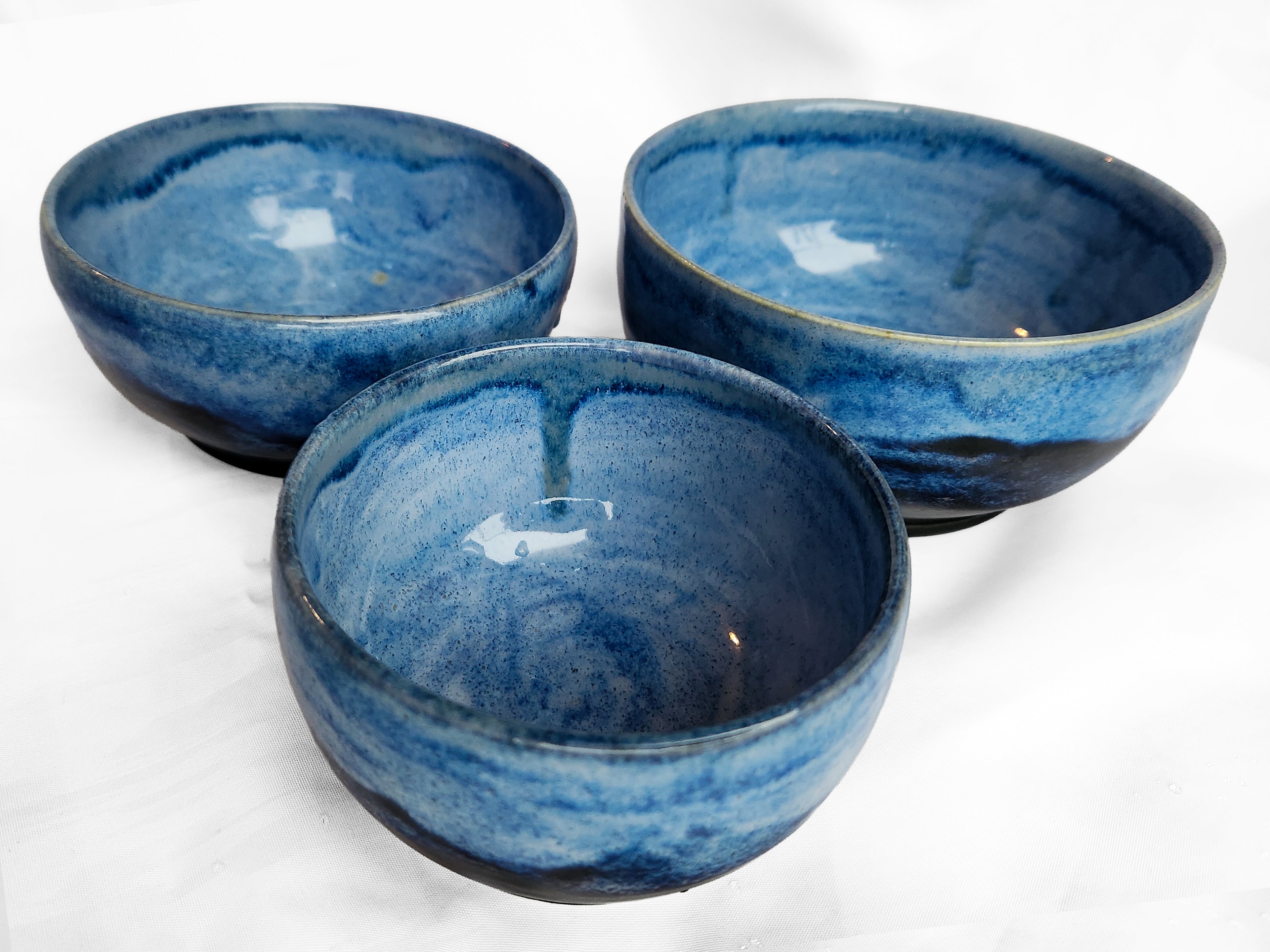 Nested Bowl Set - Three-piece set of blue-glazed dessert bowls