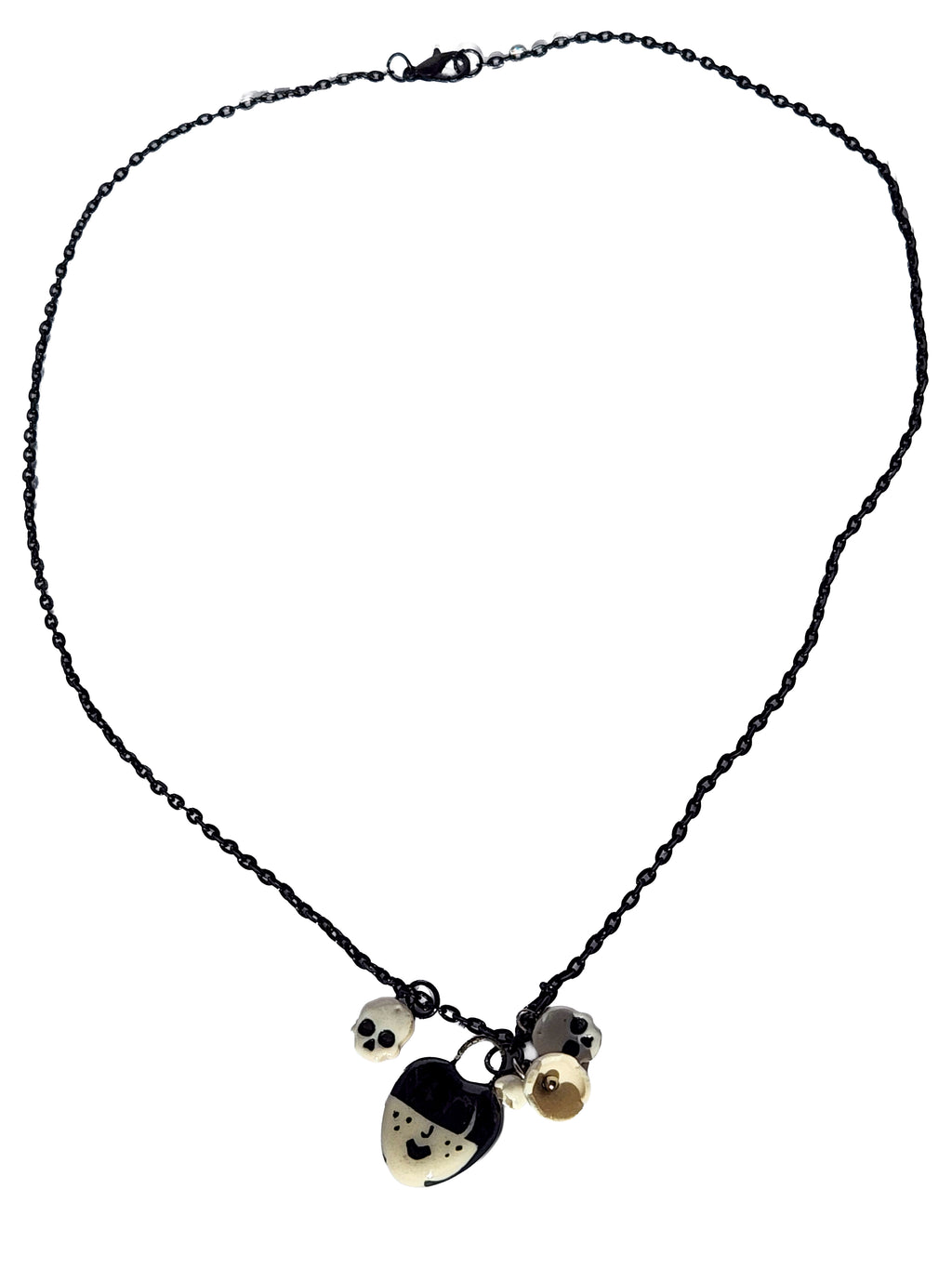 "Odessa" Gothic Charm Necklace - flowers and skulls, 20" black chain
