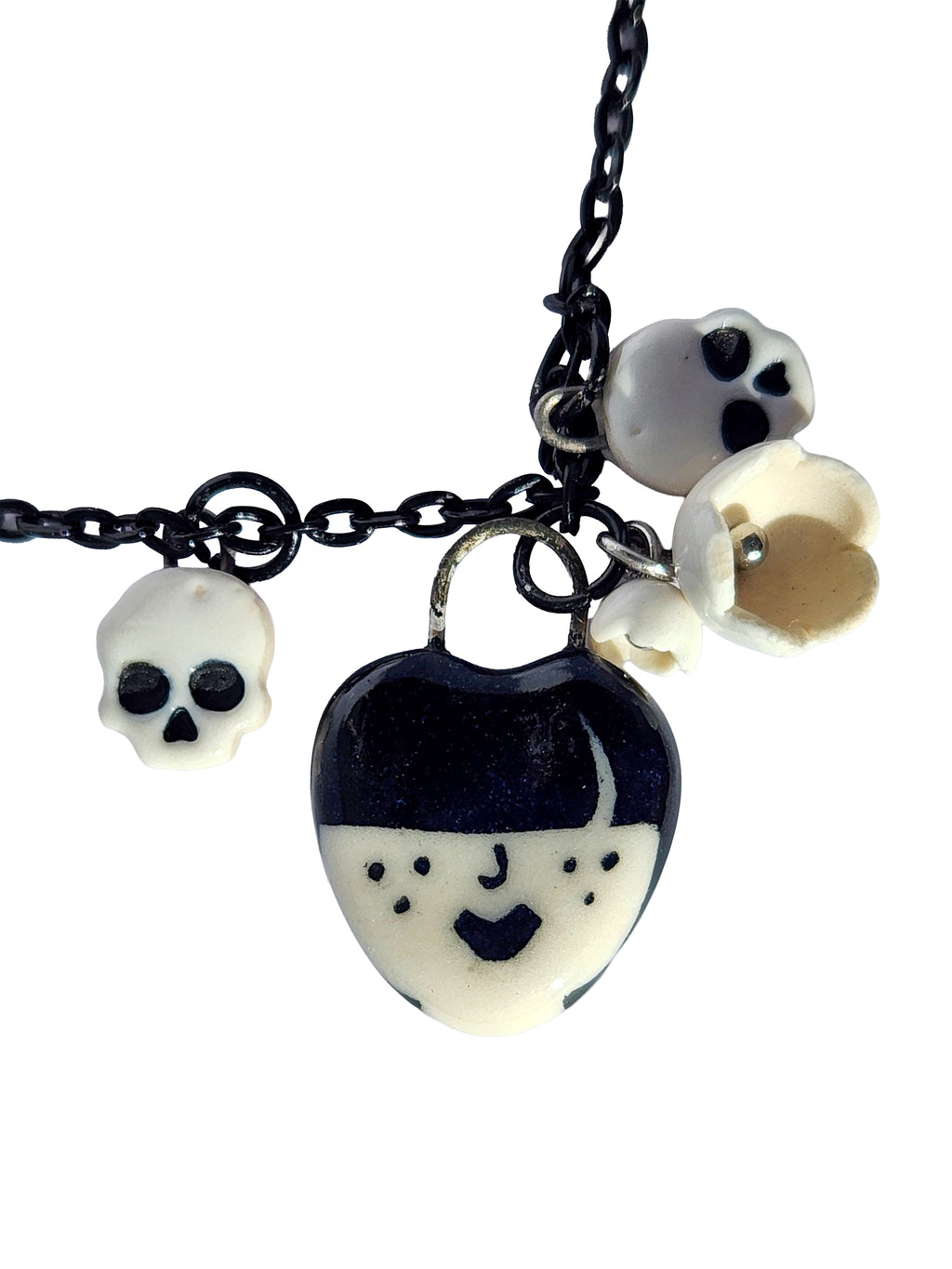 "Odessa" Gothic Charm Necklace - flowers and skulls, 20" black chain