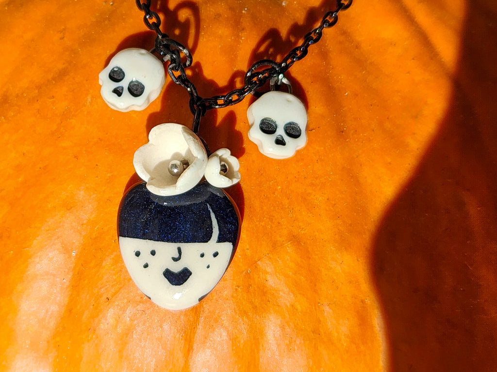 "Odessa" Gothic Charm Necklace - flowers and skulls, 20" black chain