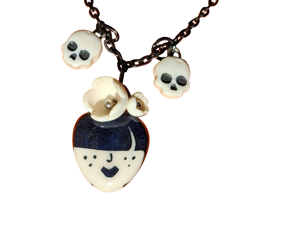 "Odessa" Gothic Charm Necklace - flowers and skulls, 20" black chain