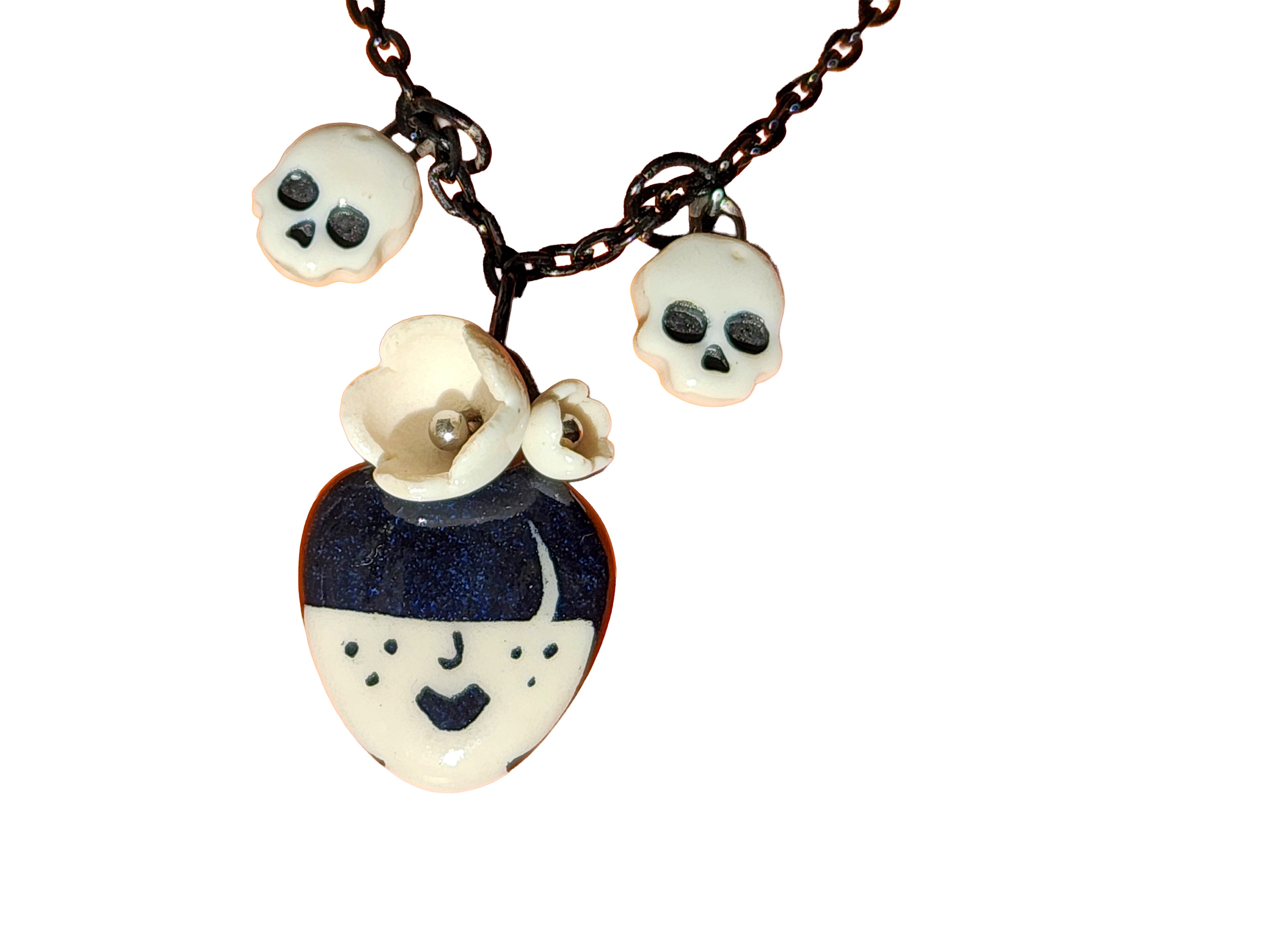 "Odessa" Gothic Charm Necklace - flowers and skulls, 20" black chain