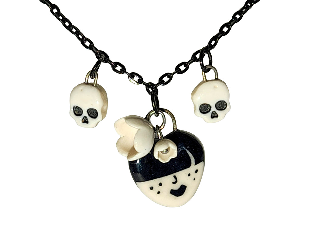 "Odessa" Gothic Charm Necklace - flowers and skulls, 20" black chain