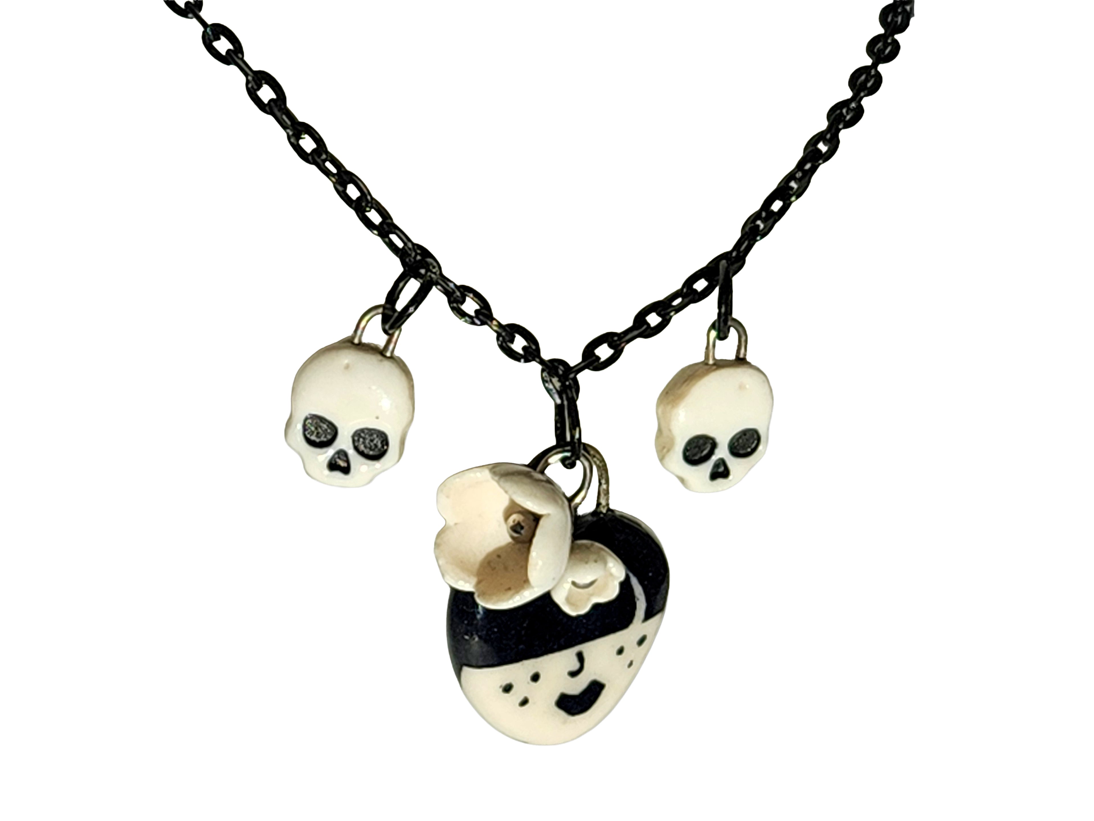 "Odessa" Gothic Charm Necklace - flowers and skulls, 20" black chain