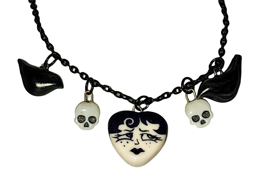 "Juniper" Gothic Charm Necklace - crows and skulls, 20" black chain