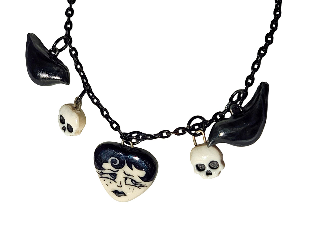 "Juniper" Gothic Charm Necklace - crows and skulls, 20" black chain