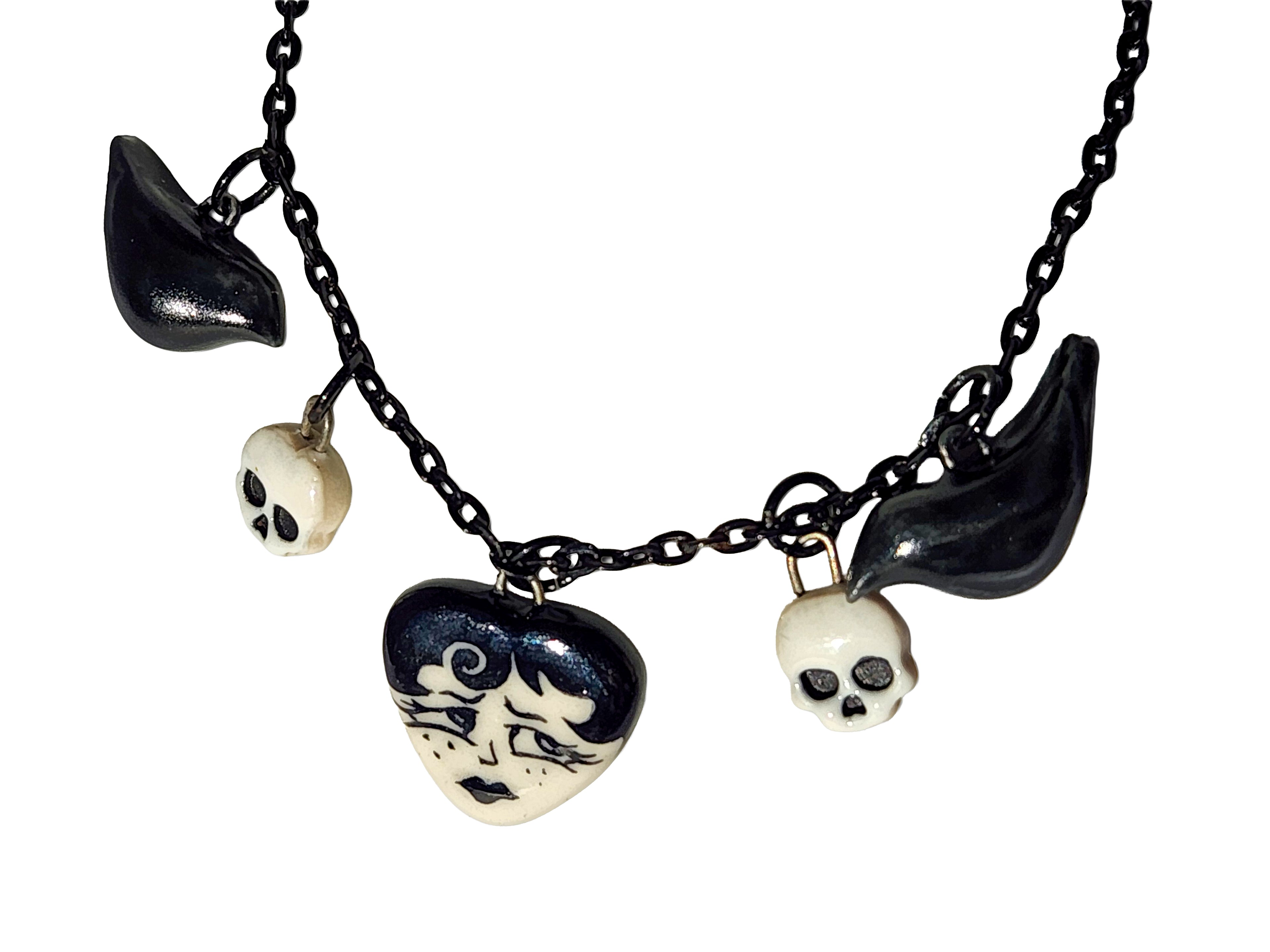 "Juniper" Gothic Charm Necklace - crows and skulls, 20" black chain