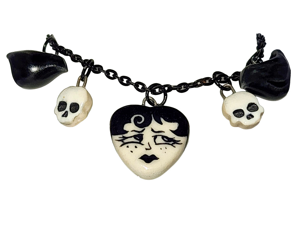 "Juniper" Gothic Charm Necklace - crows and skulls, 20" black chain