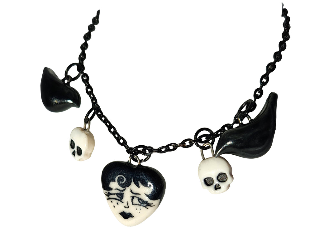 "Juniper" Gothic Charm Necklace - crows and skulls, 20" black chain