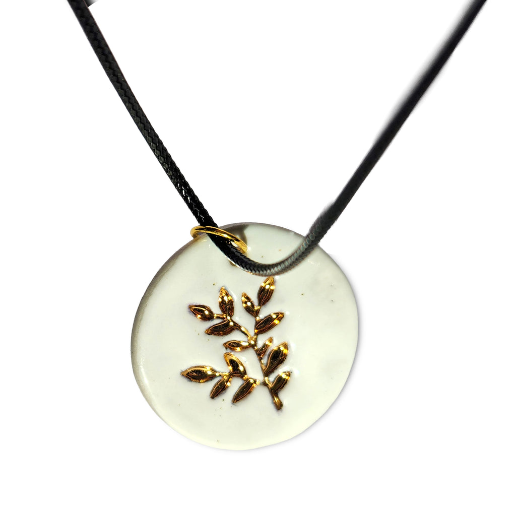 Gold Foliage Porcelain Pendant & Button Flower Earings