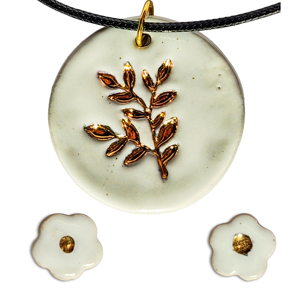 Gold Foliage Porcelain Pendant & Button Flower Earings