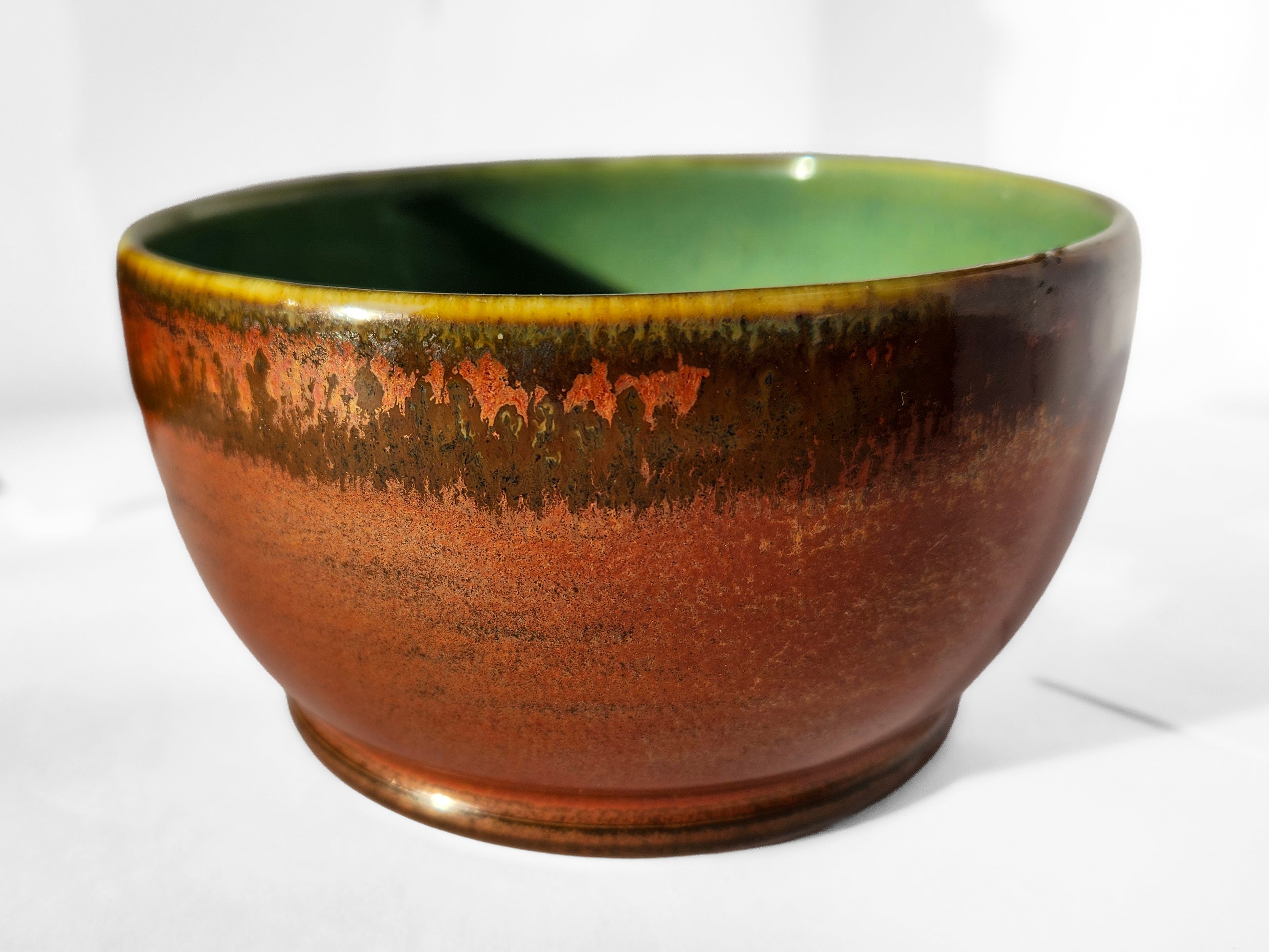 Handmade porcelain decorative & candy dish - stunning green glaze & rich golden rust 8 oz