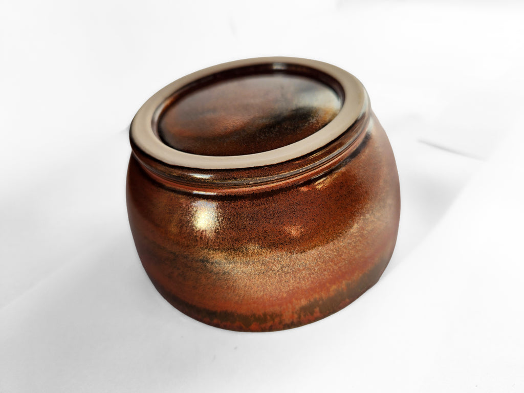 Handmade porcelain decorative & candy dish - stunning green glaze & rich golden rust 8 oz