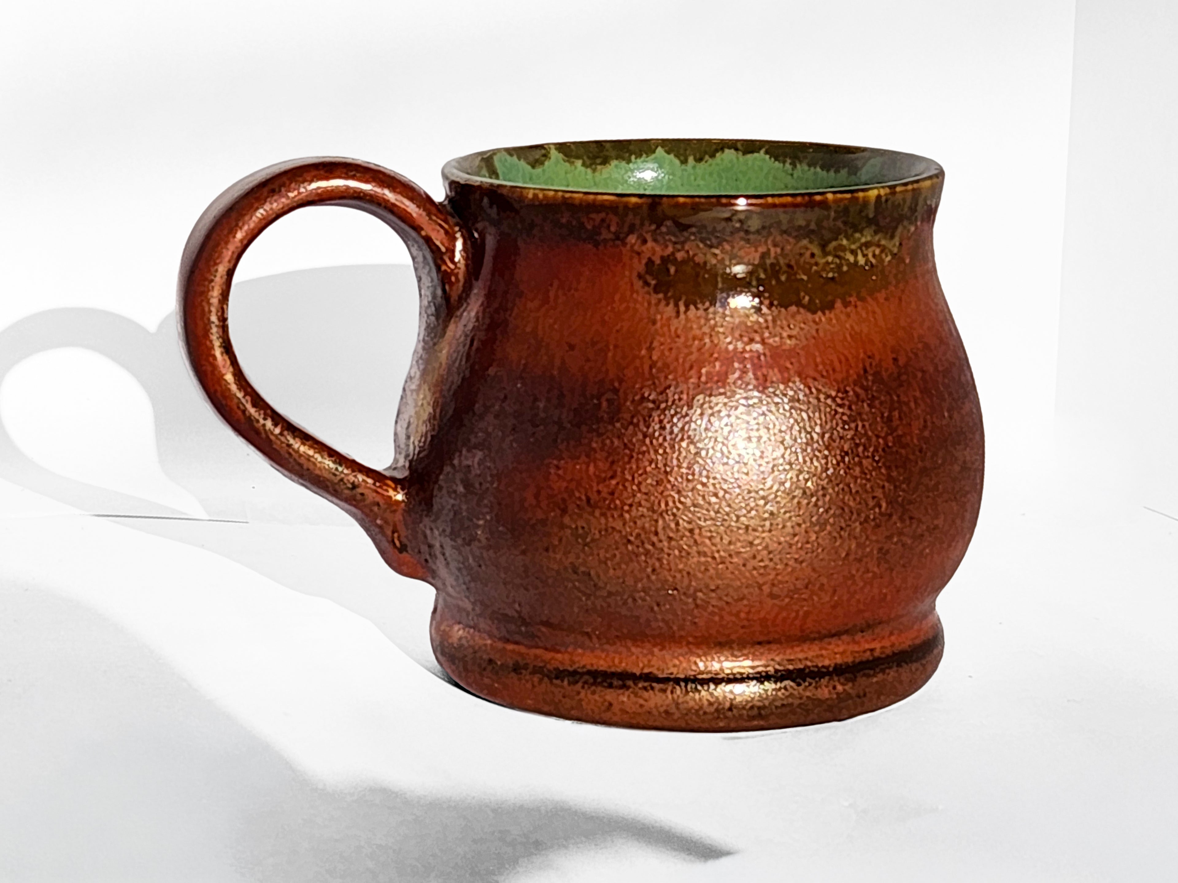 Handmade Glossy Green Interior, Rich Copper Exterior Mug