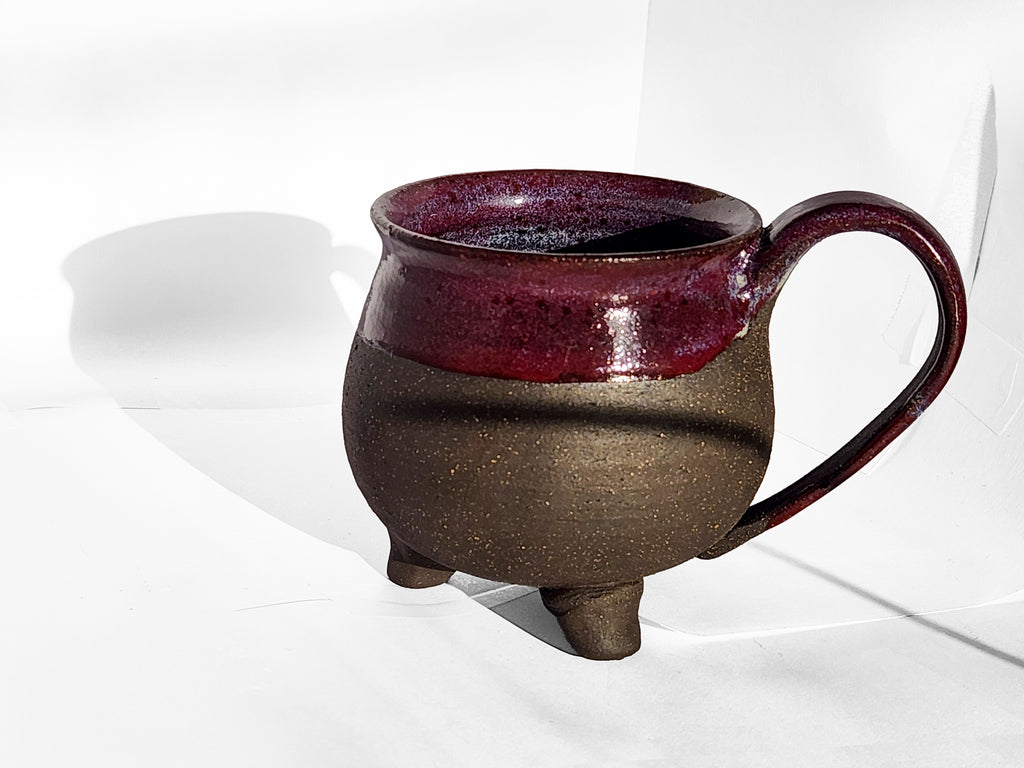 Handmade Rich Purple Interior, Black Stoneware Cauldron Mug 3.5"