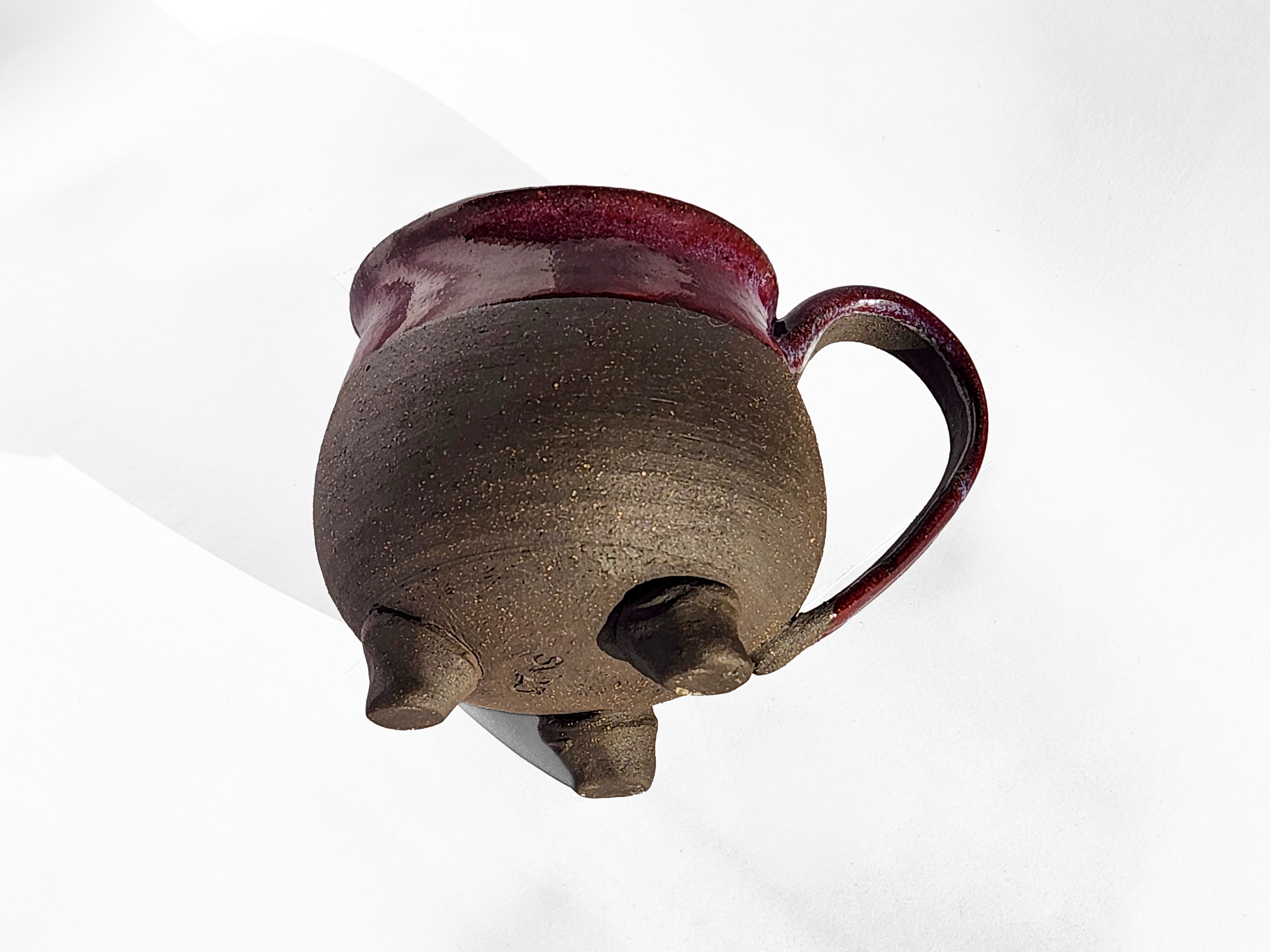 Handmade Rich Purple Interior, Black Stoneware Cauldron Mug 3.5"