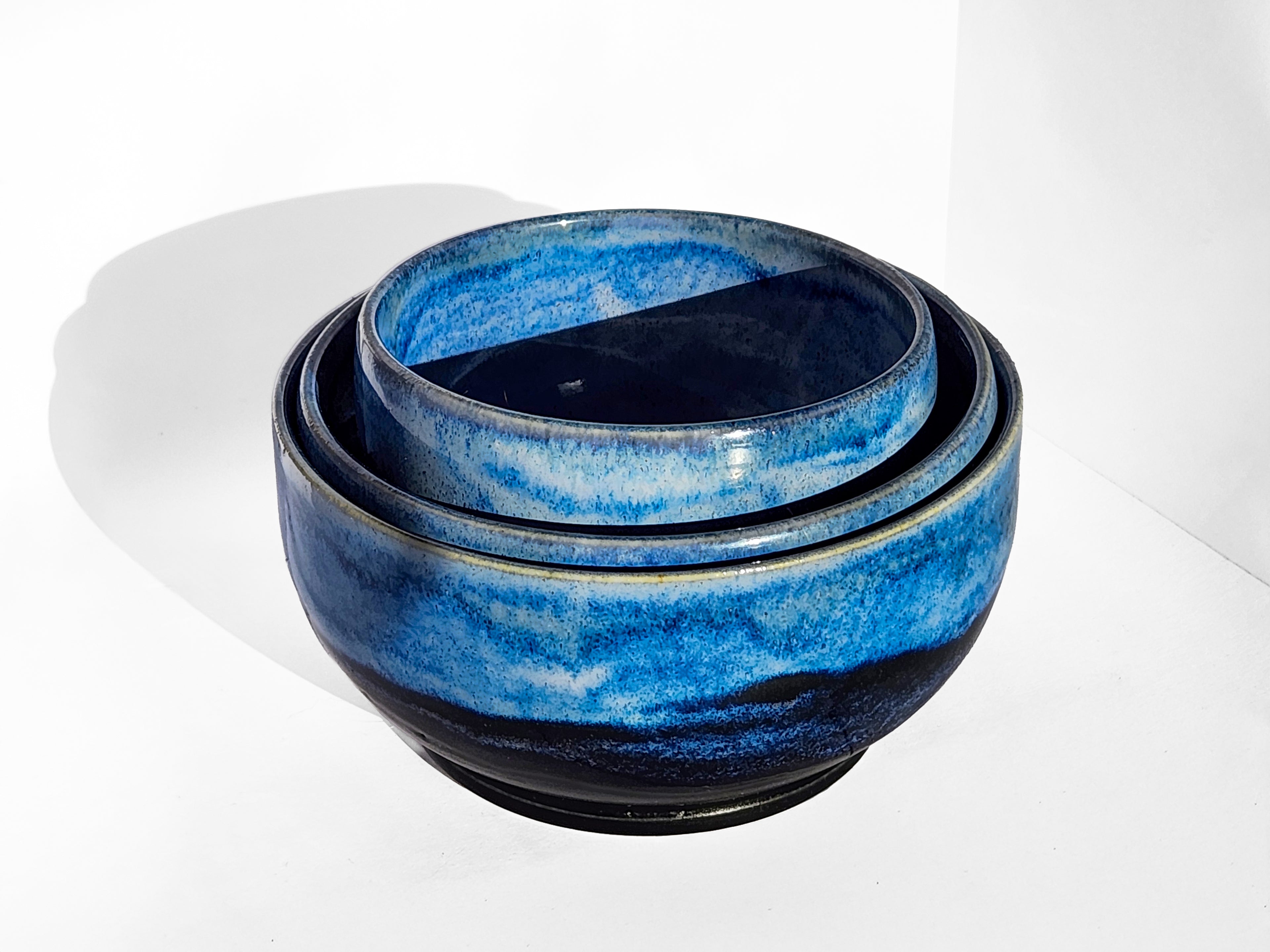 Nested Bowl Set - Three-piece set of blue-glazed dessert bowls
