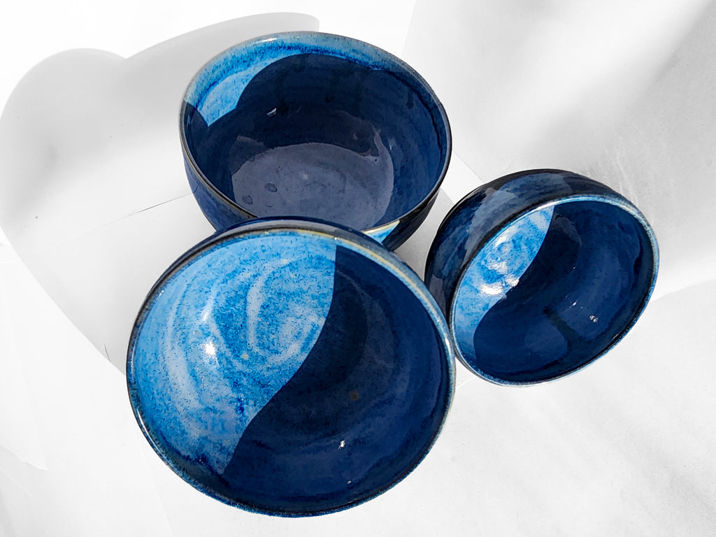 Nested Bowl Set - Three-piece set of blue-glazed dessert bowls