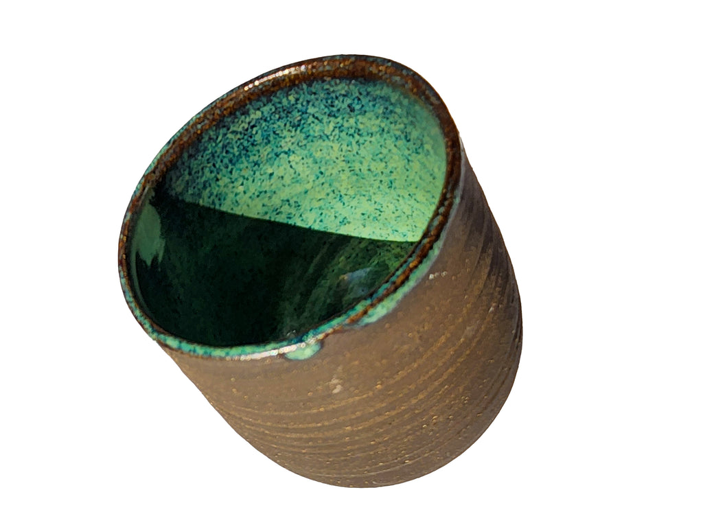 Handmade Glossy Green Interior, Rustic Clay Exterior Tumbler