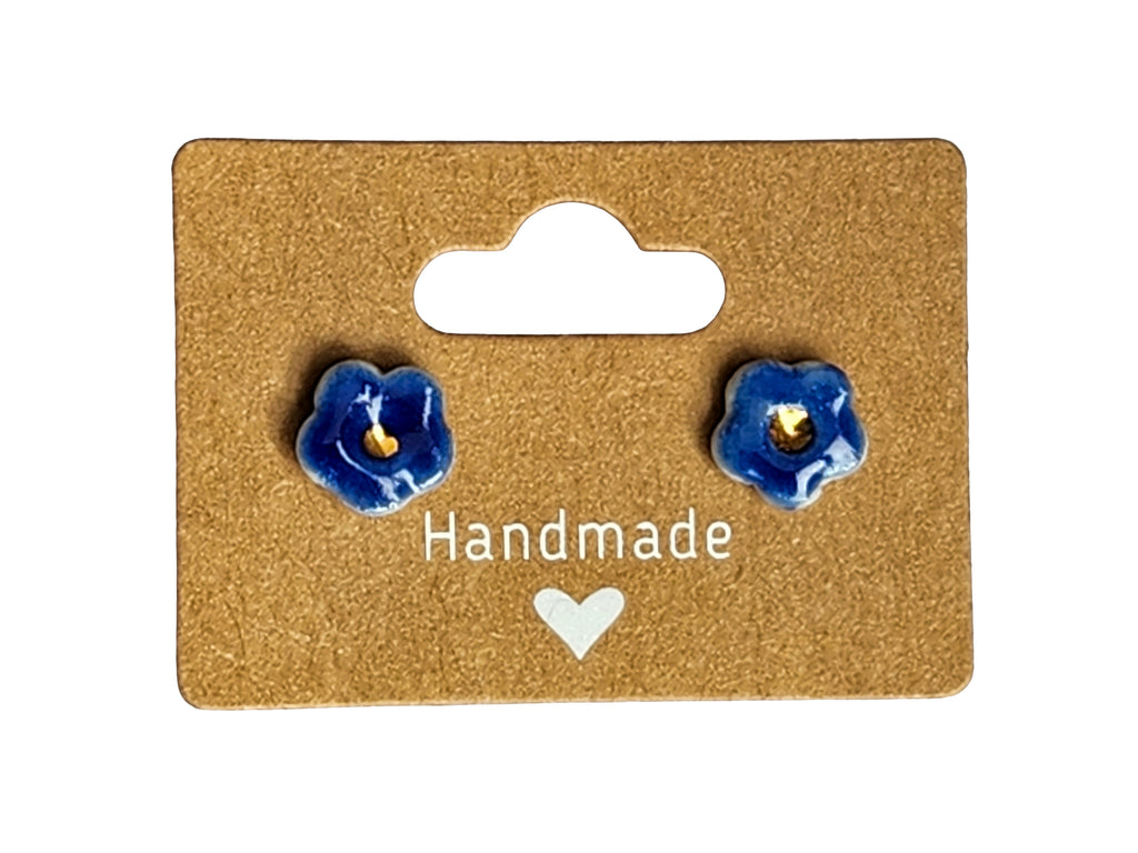Handmade Blue Button Flower Porcelain Stud Earrings