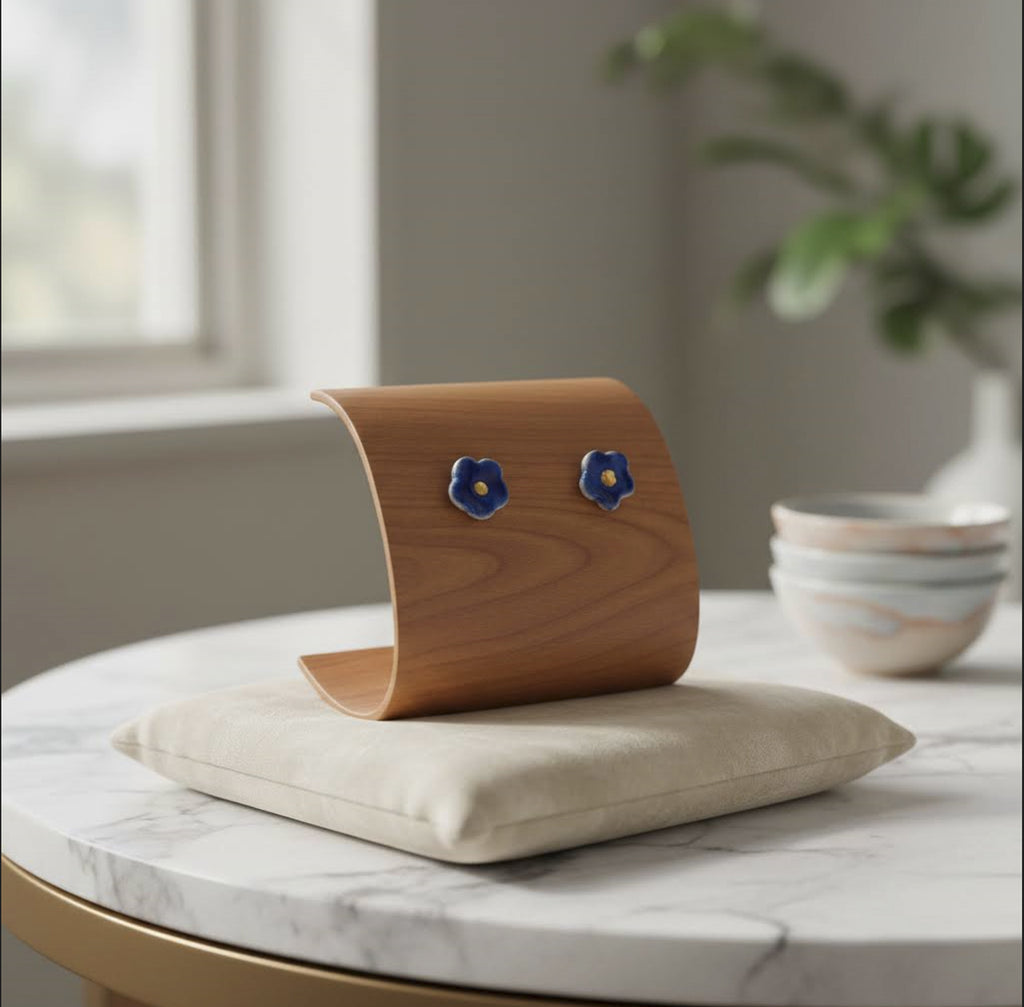 Handmade Blue Button Flower Porcelain Stud Earrings