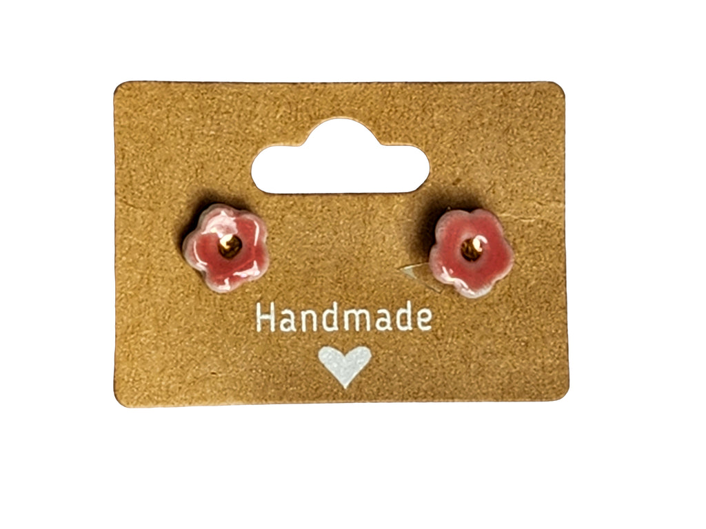 Handmade Pink Button Flower Porcelain Stud Earrings