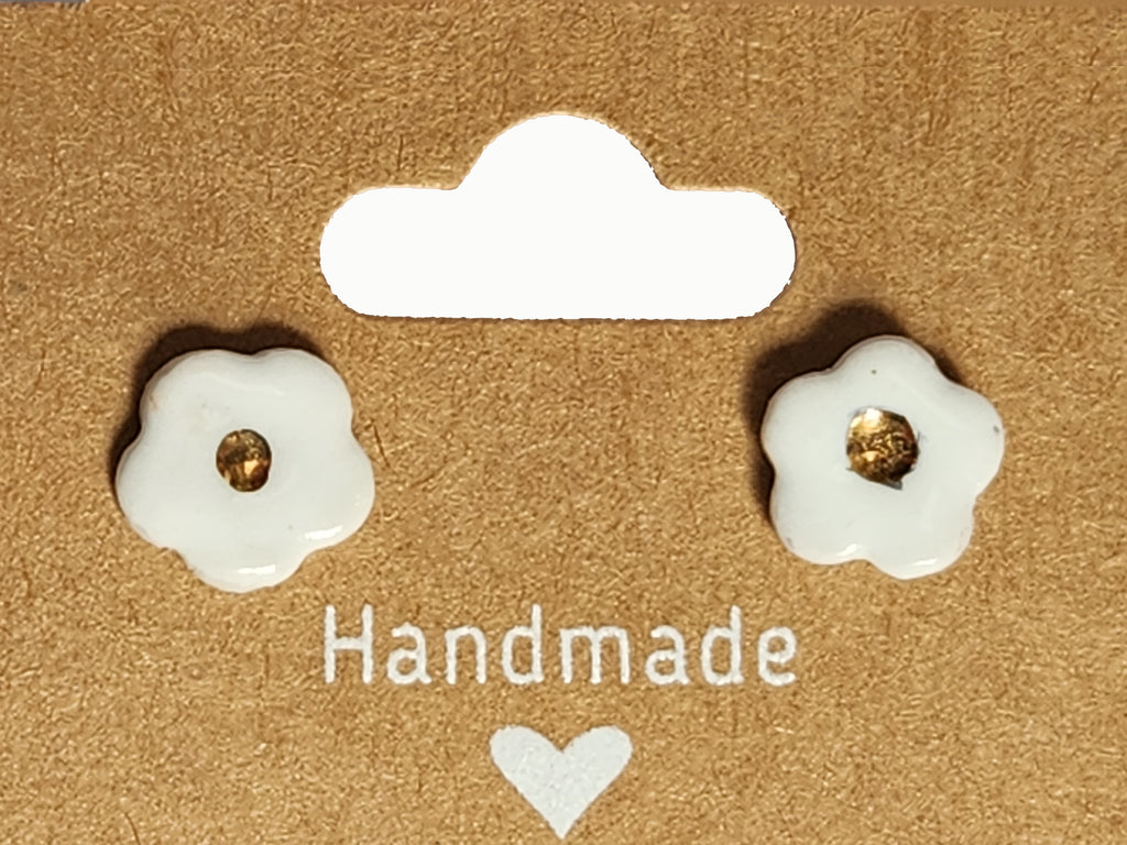 Handmade White Button Flower Porcelain Stud Earrings