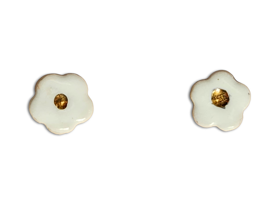 Handmade White Button Flower Porcelain Stud Earrings