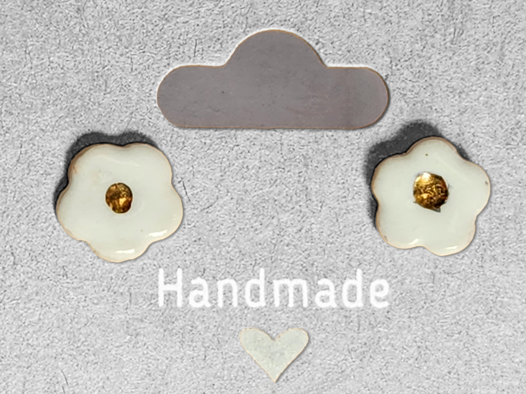 Handmade White Button Flower Porcelain Stud Earrings