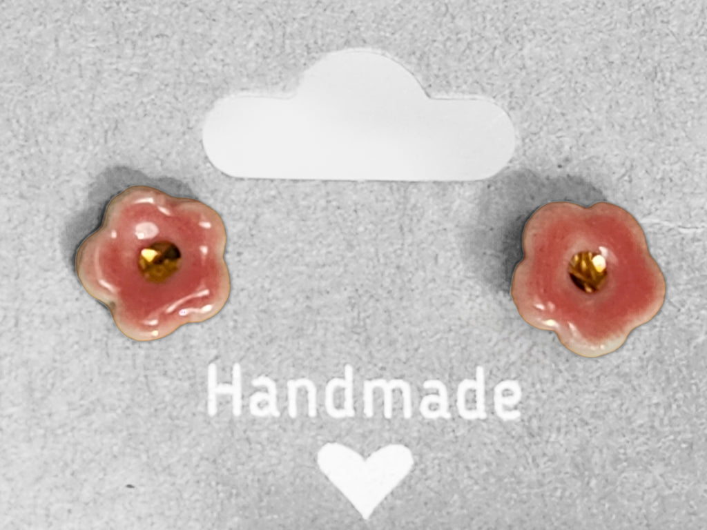 Handmade Pink Button Flower Porcelain Stud Earrings