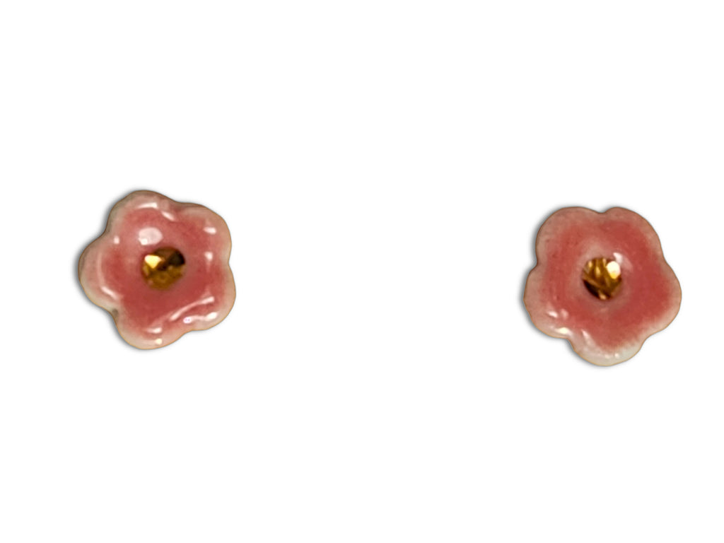 Handmade Pink Button Flower Porcelain Stud Earrings
