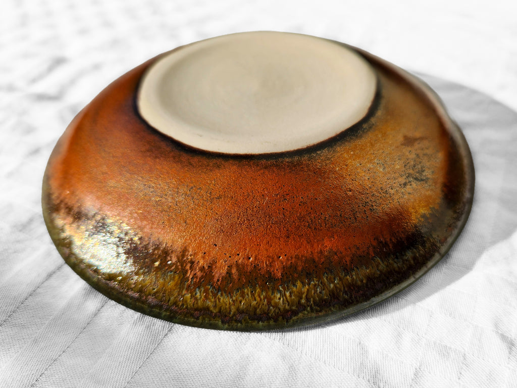Small Handmade Shallow Bowl – Green and Copper Colors
