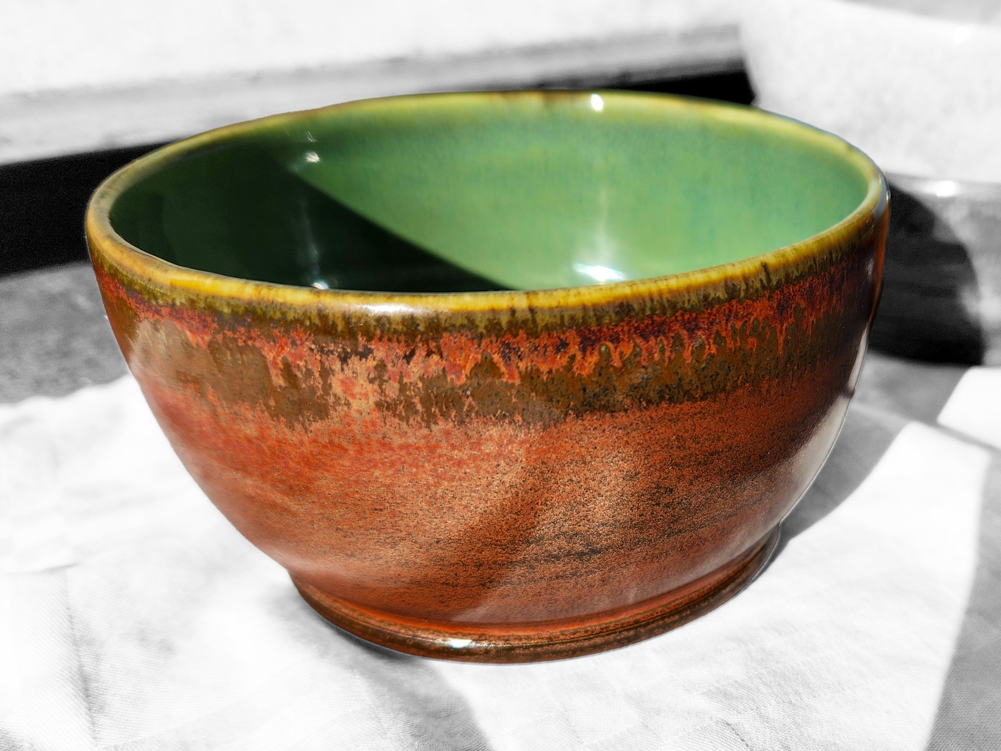 Handmade porcelain decorative & candy dish - stunning green glaze & rich golden rust 8 oz
