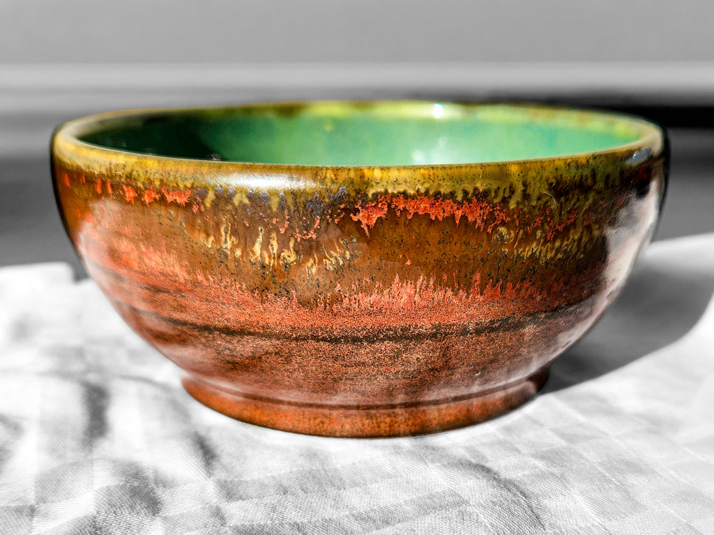 Handmade porcelain decorative & candy dish - stunning green glaze & rich rustic copper 6oz