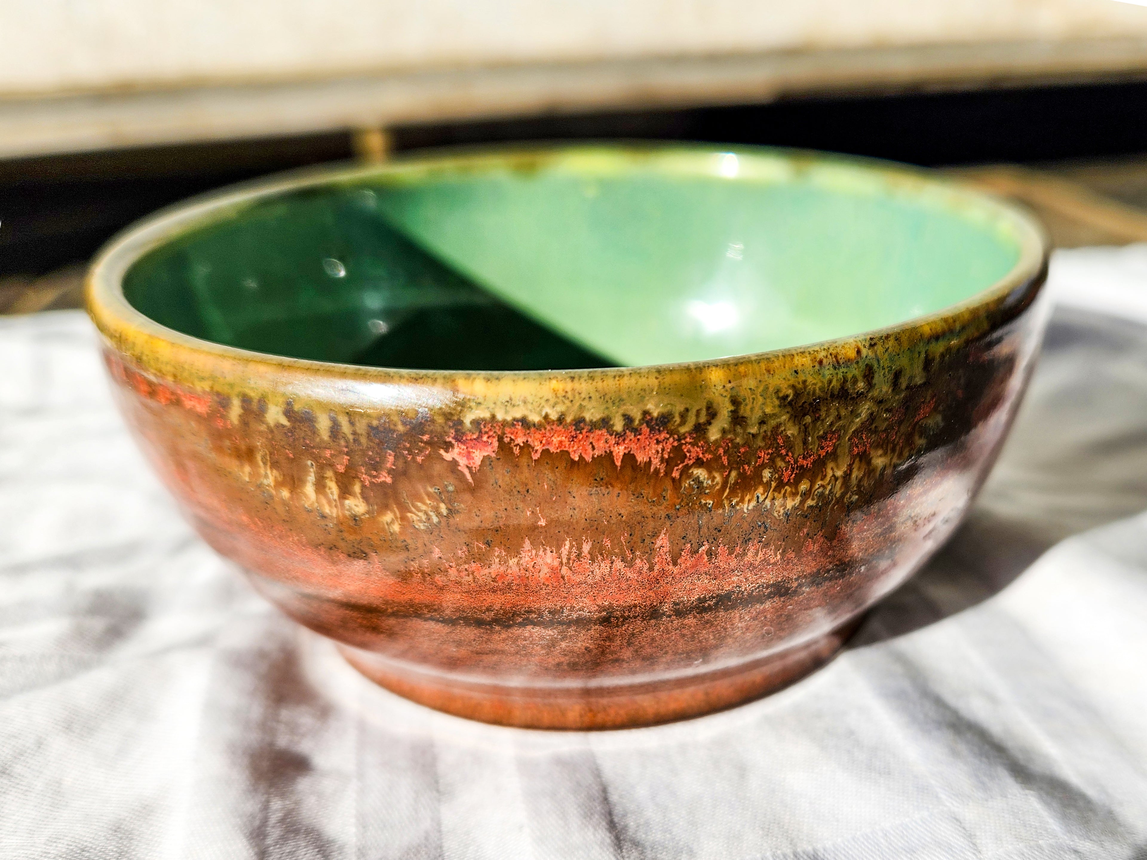 Handmade porcelain decorative & candy dish - stunning green glaze & rich rustic copper 6oz