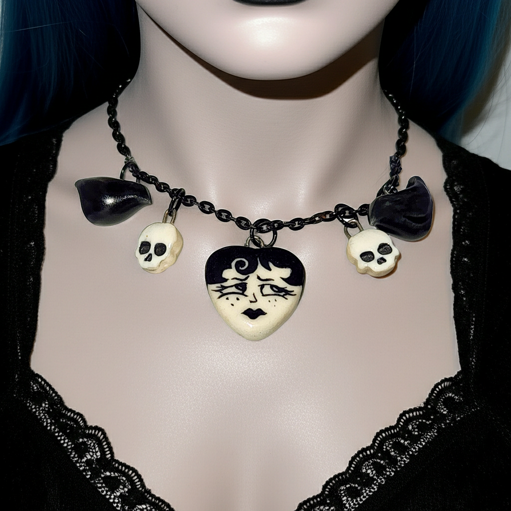 "Juniper" Gothic Charm Necklace - crows and skulls, 20" black chain